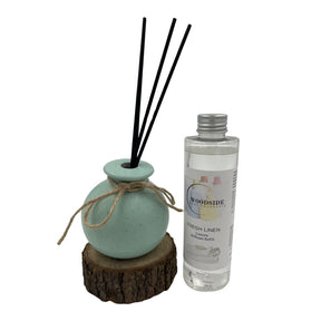 Woodside Round Green Pastel Ceramic Reed Diffuser Vase with Woodside Luxury Refill fresh linen