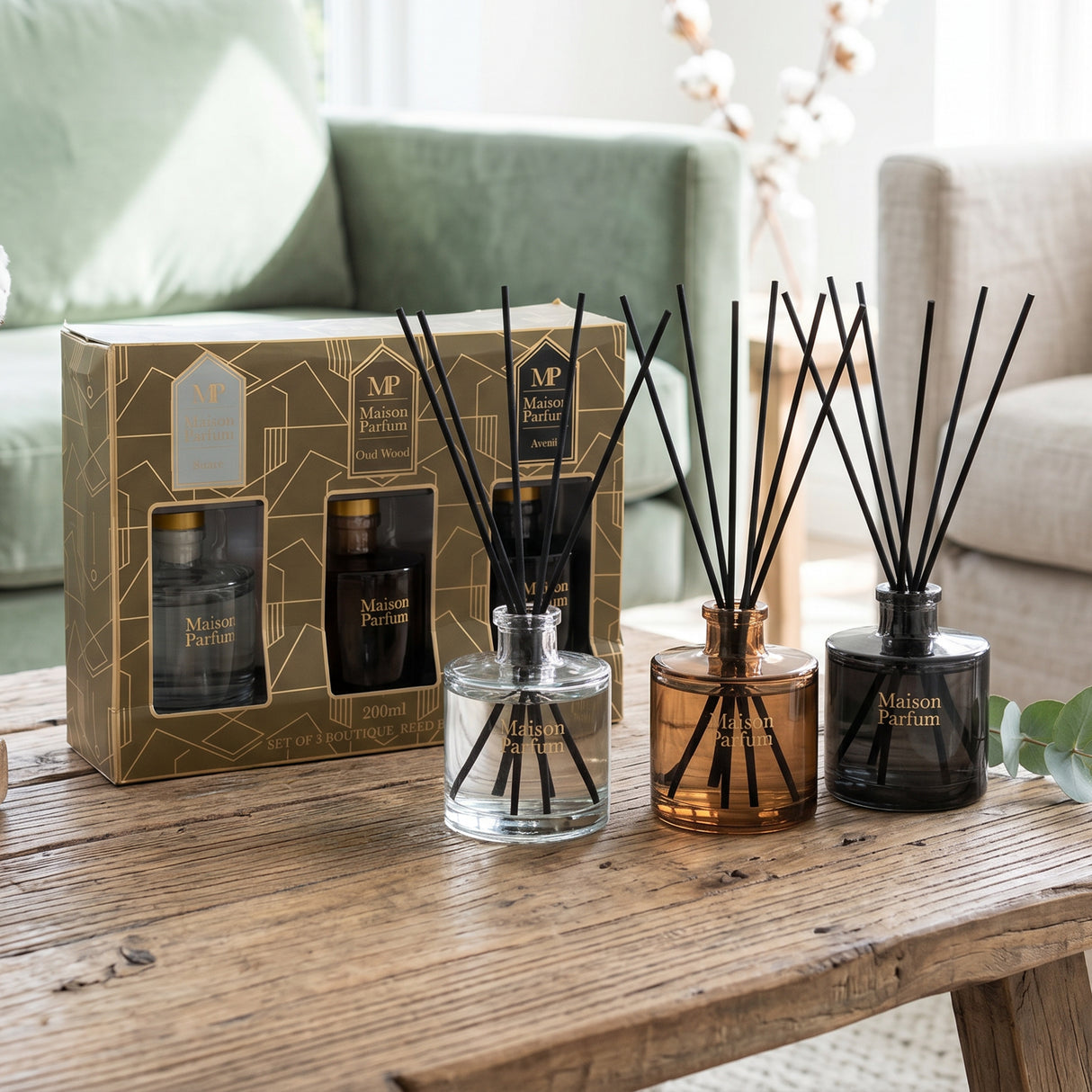 Maison Parfum Reed Diffuser Gift Set - Aventi, Oud Wood, Suave