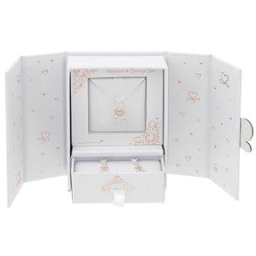 silver plated two tone necklace & earrings gift set - 3 hearts