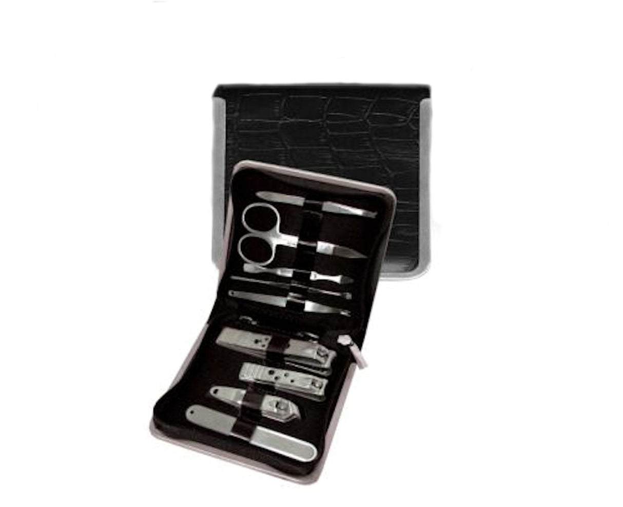 Manicure Set in Black Mock Croc Leather Case (Large)