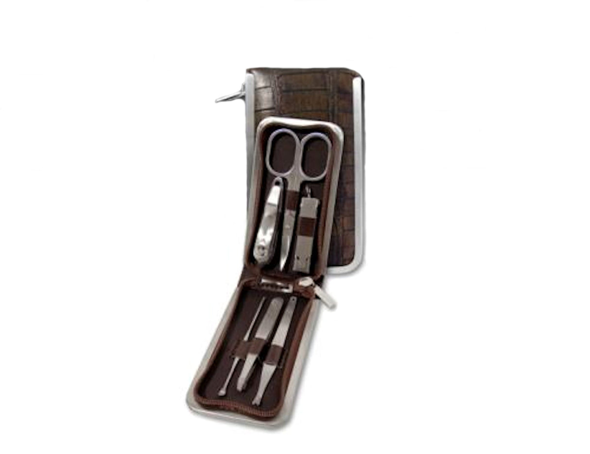 Manicure Set in Brown Mock Croc Leather