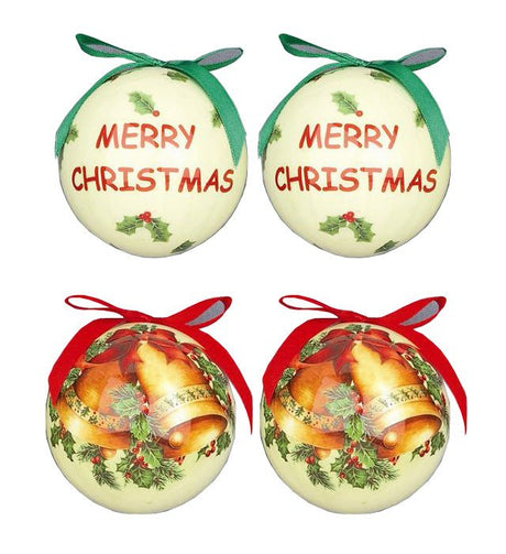 Christmas Tree Baubles - Decoupage Merry Christmas & Bells Pack of 4 Assorted