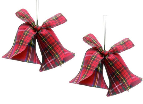 Christmas Tree Hanging Decorations - Red Tartan Fabric Bells Pack of 2