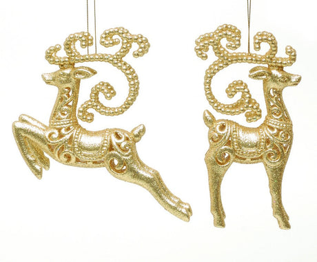 Christmas Tree Hanging Decorations - Gold Glitter Reindeer Pack of 2 Assorted