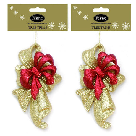 Christmas Tree Hanging Decorations - Gold & Red Glitter Bow Pack of 2