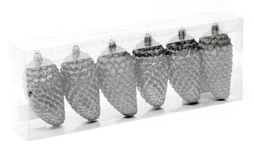 Christmas Tree Hanging Decorations - Red Gold or Silver Glitter Pine Cone Pack of 6 silver