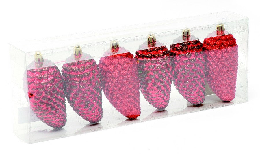 Christmas Tree Hanging Decorations - Red Gold or Silver Glitter Pine Cone Pack of 6