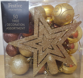 Christmas Tree Decoration Assortment - Bronze & Gold 50 Pieces