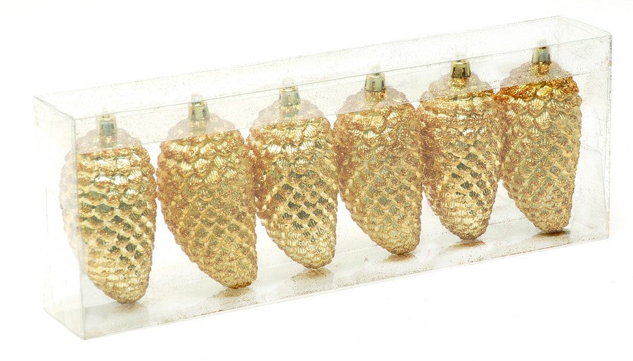 Christmas Tree Hanging Decorations - Red Gold or Silver Glitter Pine Cone Pack of 6