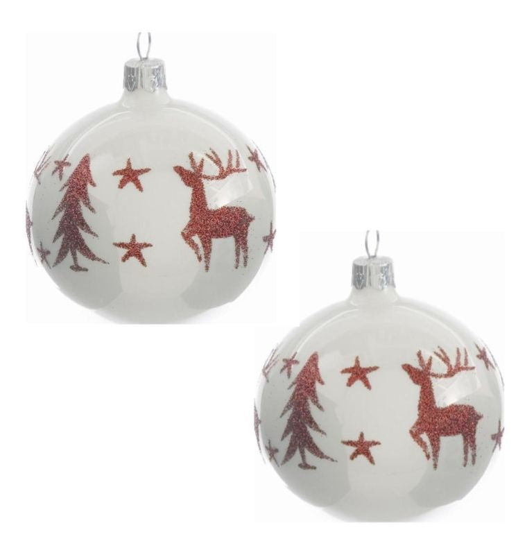 Christmas Tree Baubles - White with Red Deer Pack of 2