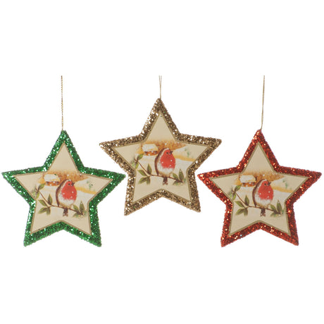 Christmas Tree Hanging Decorations - Robin Glitter Star Pack of 3 Assorted