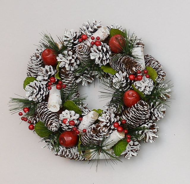 Christmas Wreath 30cm - Frosted Pine Cones & Red Apples