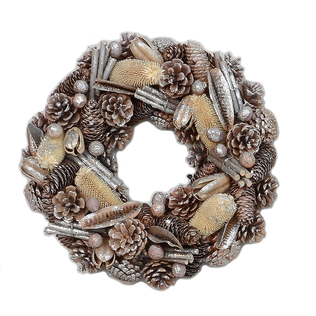 Christmas Wreath 38cm - Glittered Natural Pine Cones