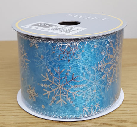 Christmas Wrapping - Ribbon Blue/Silver Sheer Snowflake 10Y x 2.5"