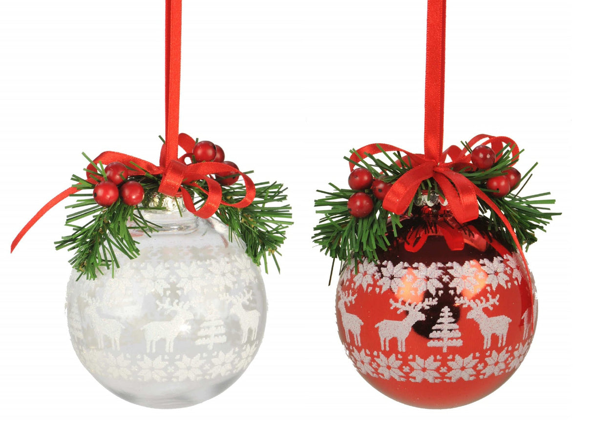 Weiste Christmas Tree Decorations Set of 2 - Red White Bauble Reindeer & Holly