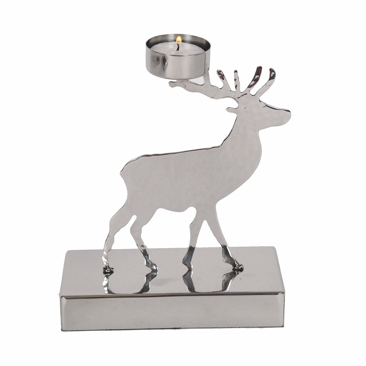 Christmas Tea Light Candle Holder - Metallic Silver Reindeer