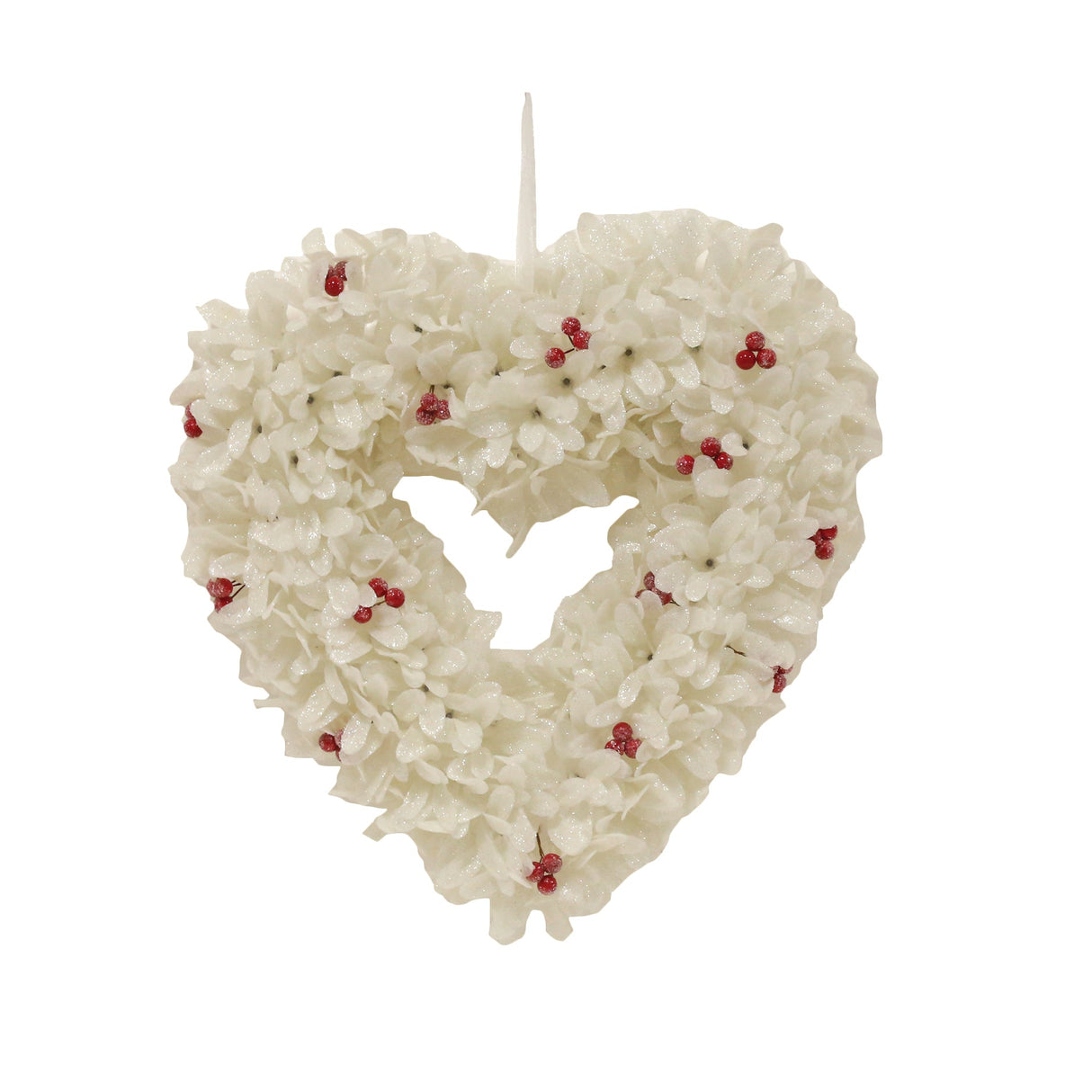 Christmas Wreath 34cm - Frosted White Leaf Heart with Red Berries