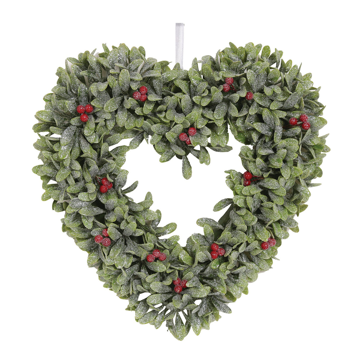 Christmas Wreath 34cm - Frosted Green Leaf Heart with Red Berries