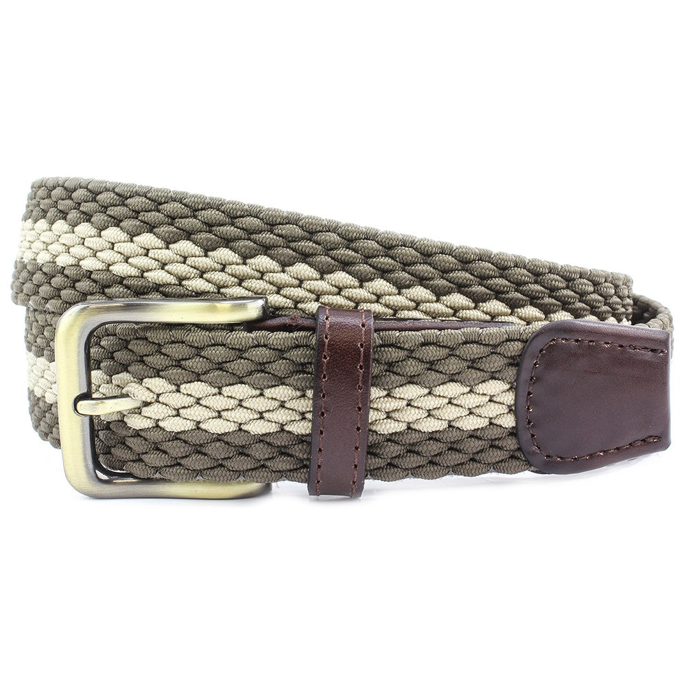 Striped Webbing Belt Antique Buckle, Khaki/Stone S