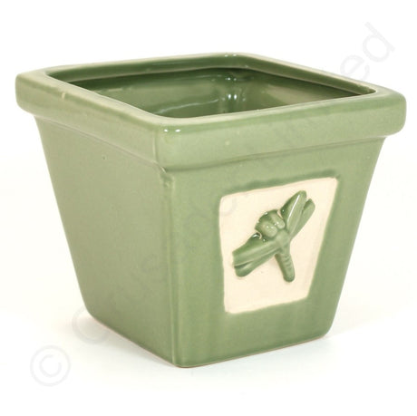 Square Green Plant Pot with Dragonfly