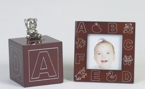 Juliana Wood Effect Money Box & Photo Frame Baby Gift Set - ABC Design