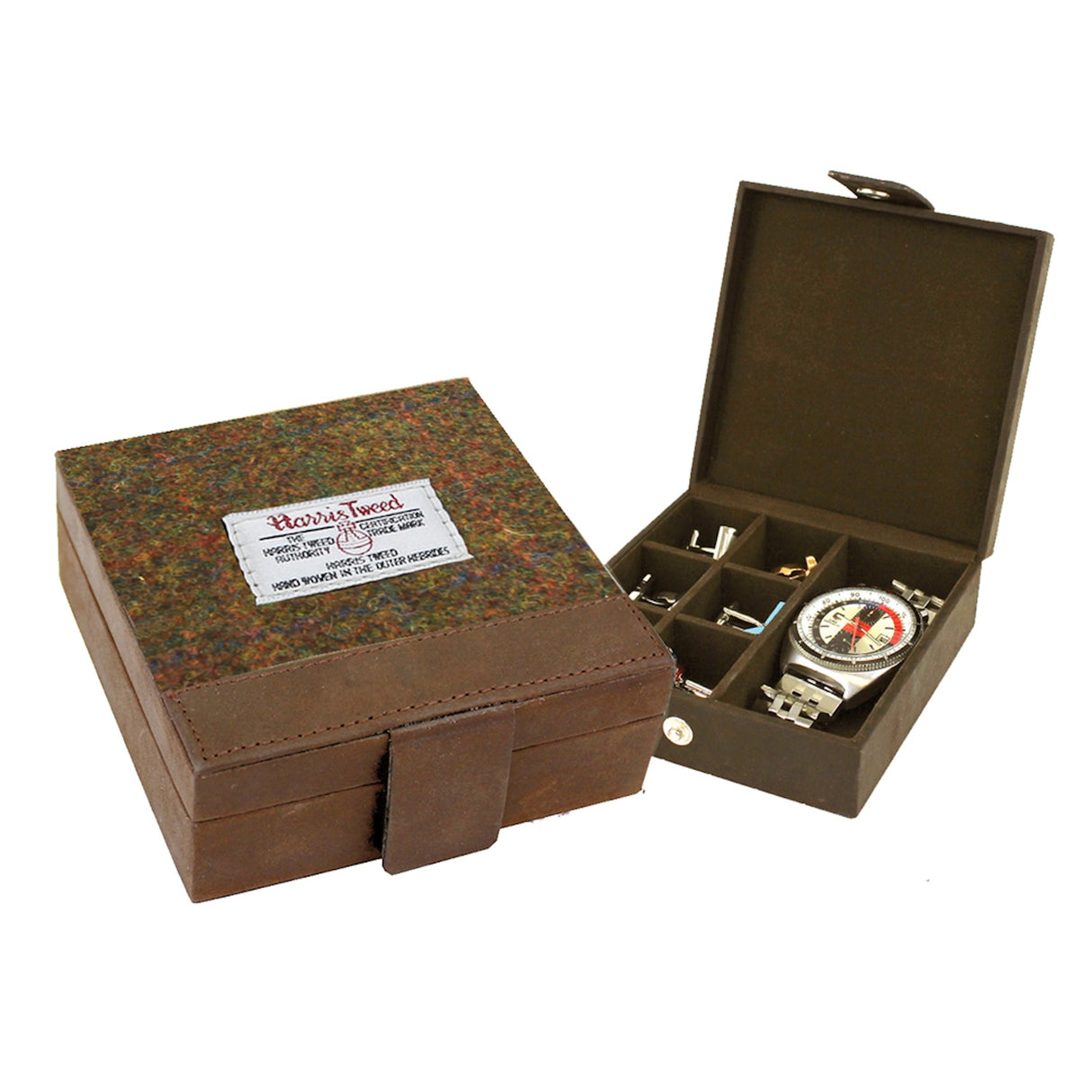 Harris Tweed Cufflinks/Watch Trinket Box: Stornoway Brown