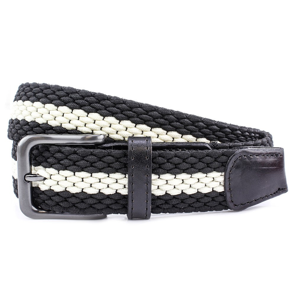 Striped Webbing Belt Gunmetal Buckle, Black/Ecru L