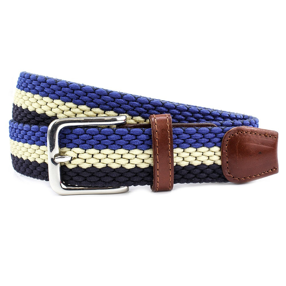 Striped Webbing Belt Silver Buckle, Blue/Ecru/Navy XXL