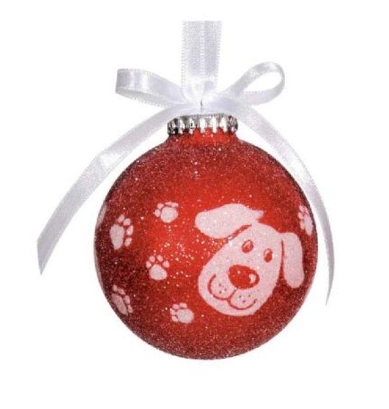 Weiste Christmas Tree Decoration -  Red Bauble with Frosted Dog Face & Paw Print