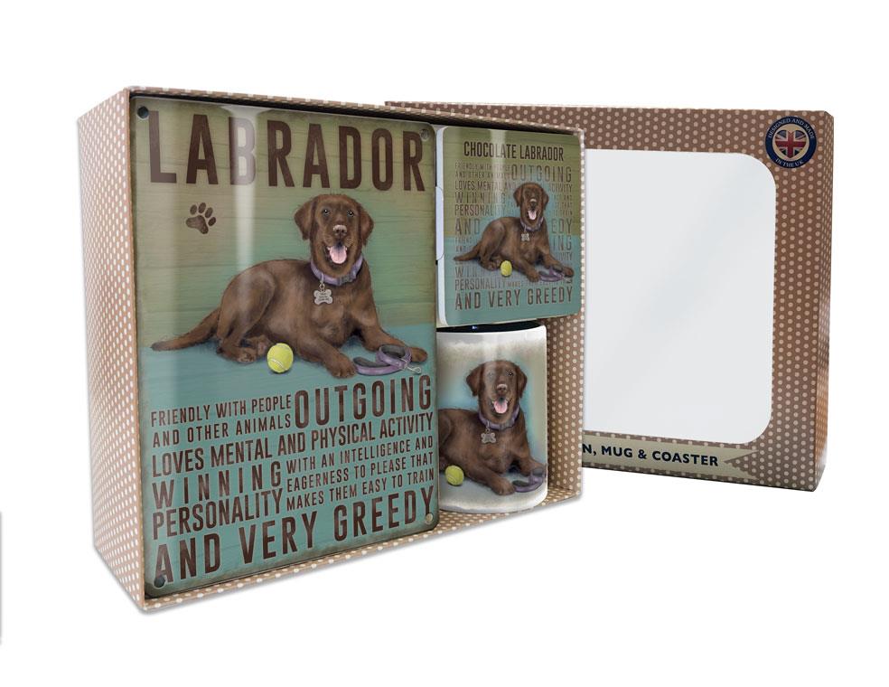 Metal Sign Mug & Coaster Boxed Gift Set - Chocolate Labrador Dog