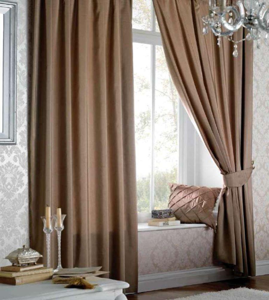 Catherine Lansfield Faux Silk Lined Eyelet Curtains 46" x 72" - Latte