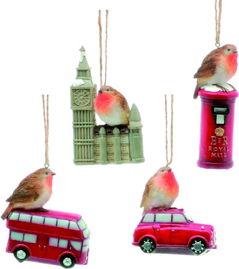 Christmas Tree Hanging Decorations - London Icons with Robin Pack of 4 Assorted